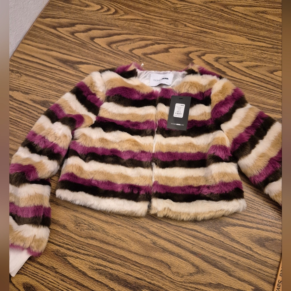 Fashion Nova Striped Faux Fur Jacket - Purple, Tan, Cream